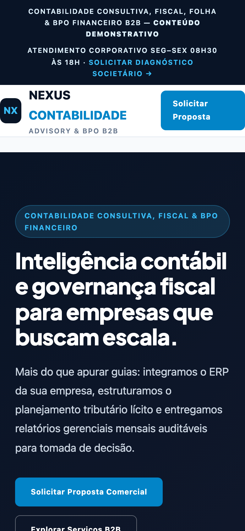 Screenshot Mobile do modelo Nexus Contabilidade